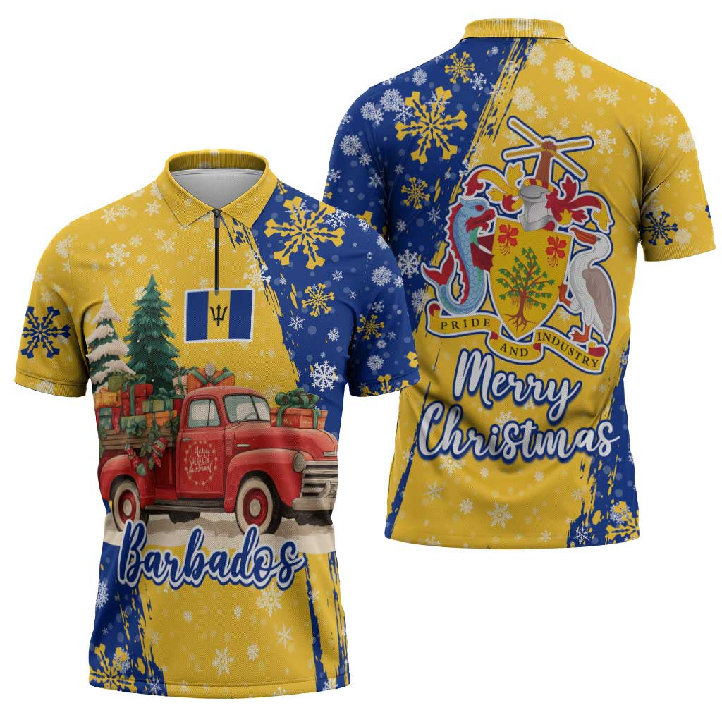 Barbados Christmas Zipper Polo Shirt with Blue Yellow Xmas Snowflakes Red Truck and Coat of Arms - Wonder Print Shop