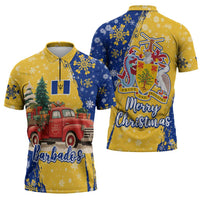 Barbados Christmas Zipper Polo Shirt with Blue Yellow Xmas Snowflakes Red Truck and Coat of Arms - Wonder Print Shop
