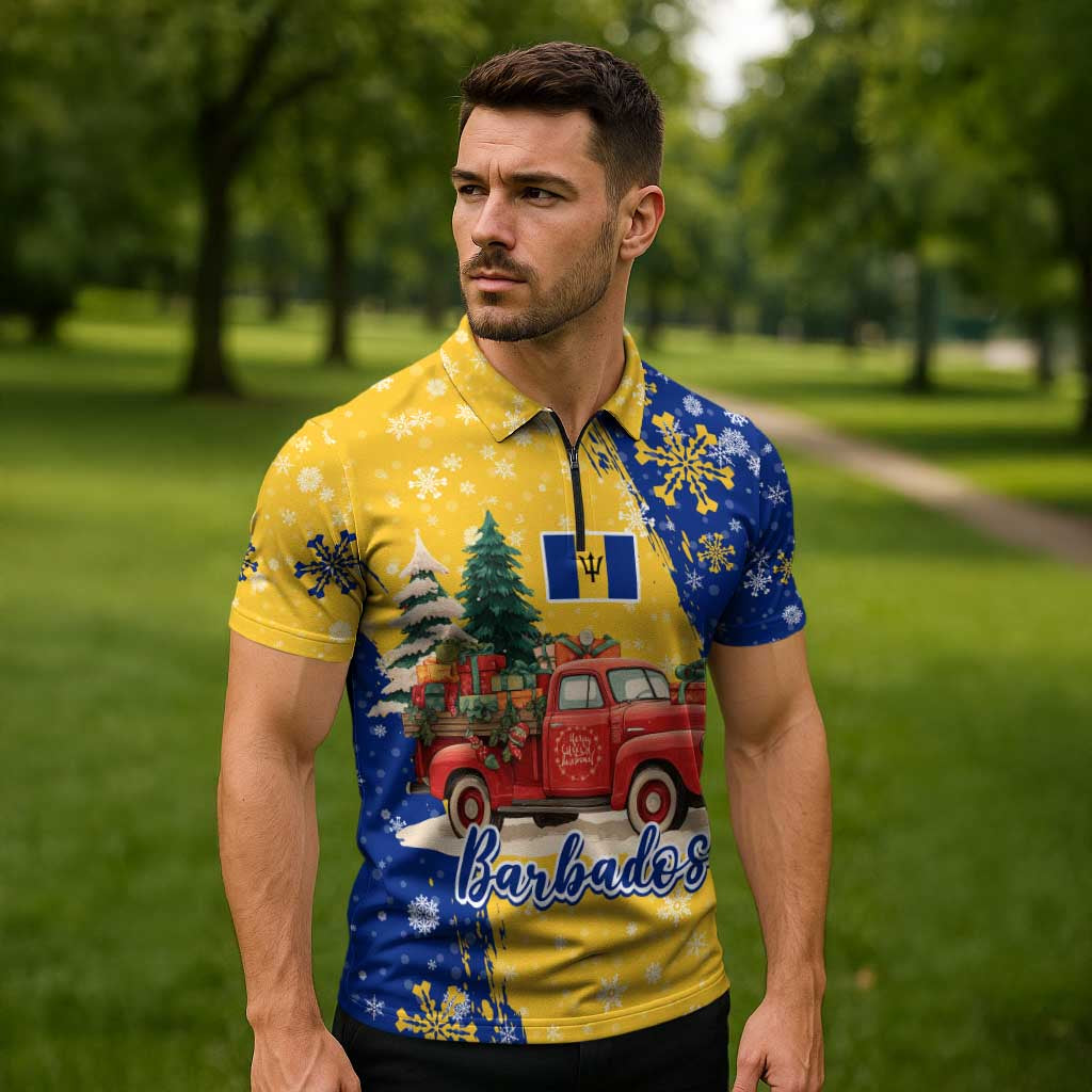 Barbados Christmas Zipper Polo Shirt with Blue Yellow Xmas Snowflakes Red Truck and Coat of Arms - Wonder Print Shop