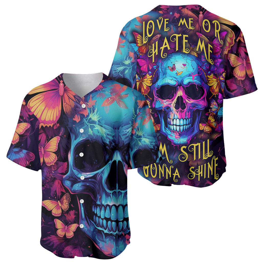 Fantasy Skull with Butterflies Baseball Jersey Love me or hate me i'm still gonna shine - Wonder Print Shop
