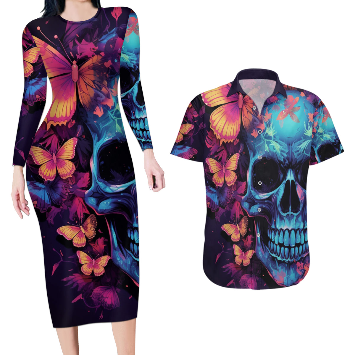 Fantasy Skull with Butterflies Couples Matching Long Sleeve Bodycon Dress and Hawaiian Shirt Love me or hate me i'm still gonna shine - Wonder Print Shop