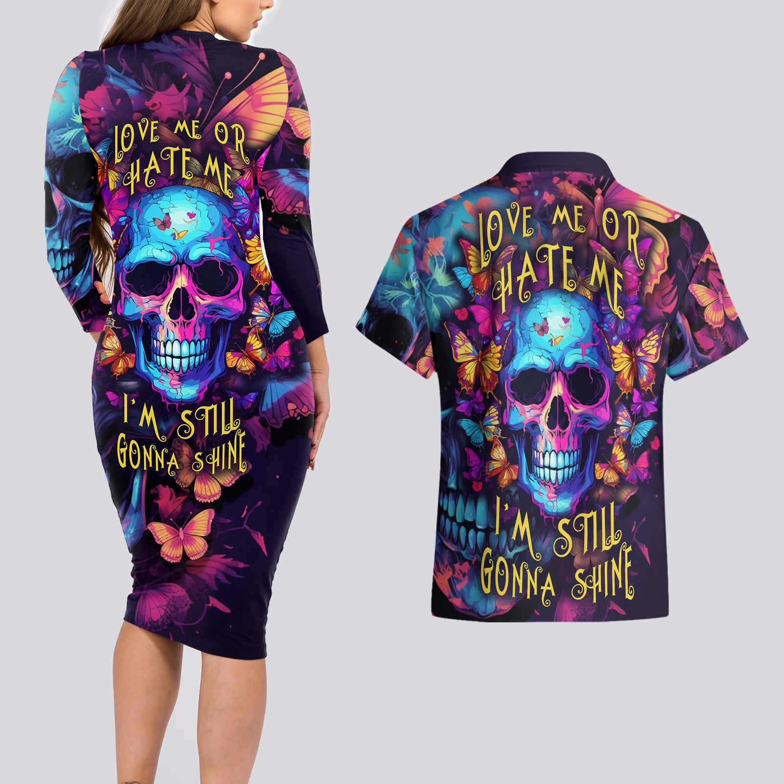 Fantasy Skull with Butterflies Couples Matching Long Sleeve Bodycon Dress and Hawaiian Shirt Love me or hate me i'm still gonna shine - Wonder Print Shop