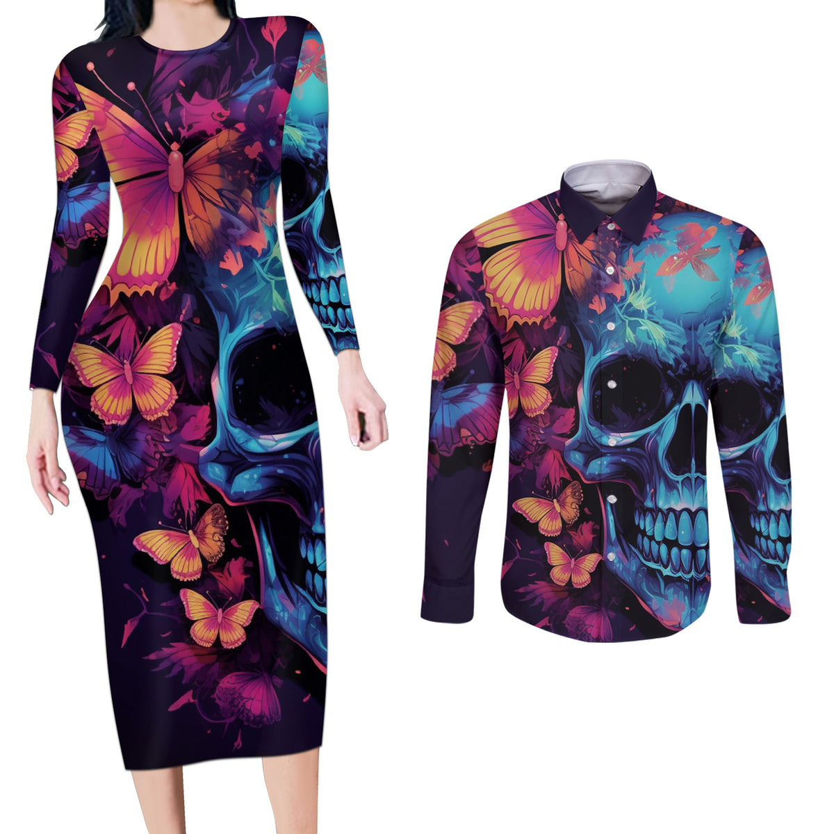 Fantasy Skull with Butterflies Couples Matching Long Sleeve Bodycon Dress and Long Sleeve Button Shirts Love me or hate me i'm still gonna shine - Wonder Print Shop