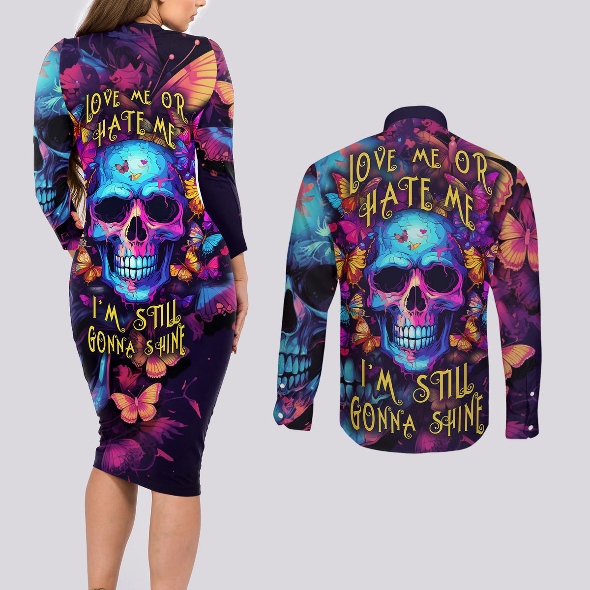 Fantasy Skull with Butterflies Couples Matching Long Sleeve Bodycon Dress and Long Sleeve Button Shirts Love me or hate me i'm still gonna shine - Wonder Print Shop