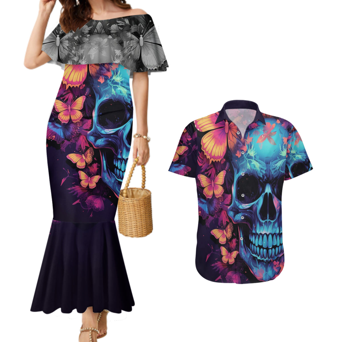 Fantasy Skull with Butterflies Couples Matching Mermaid Dress and Hawaiian Shirt Love me or hate me i'm still gonna shine - Wonder Print Shop