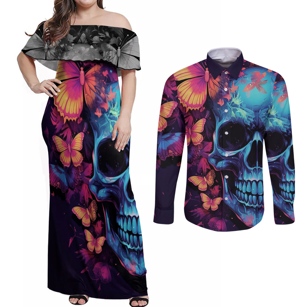 Fantasy Skull with Butterflies Couples Matching Off Shoulder Maxi Dress and Long Sleeve Button Shirts Love me or hate me i'm still gonna shine - Wonder Print Shop