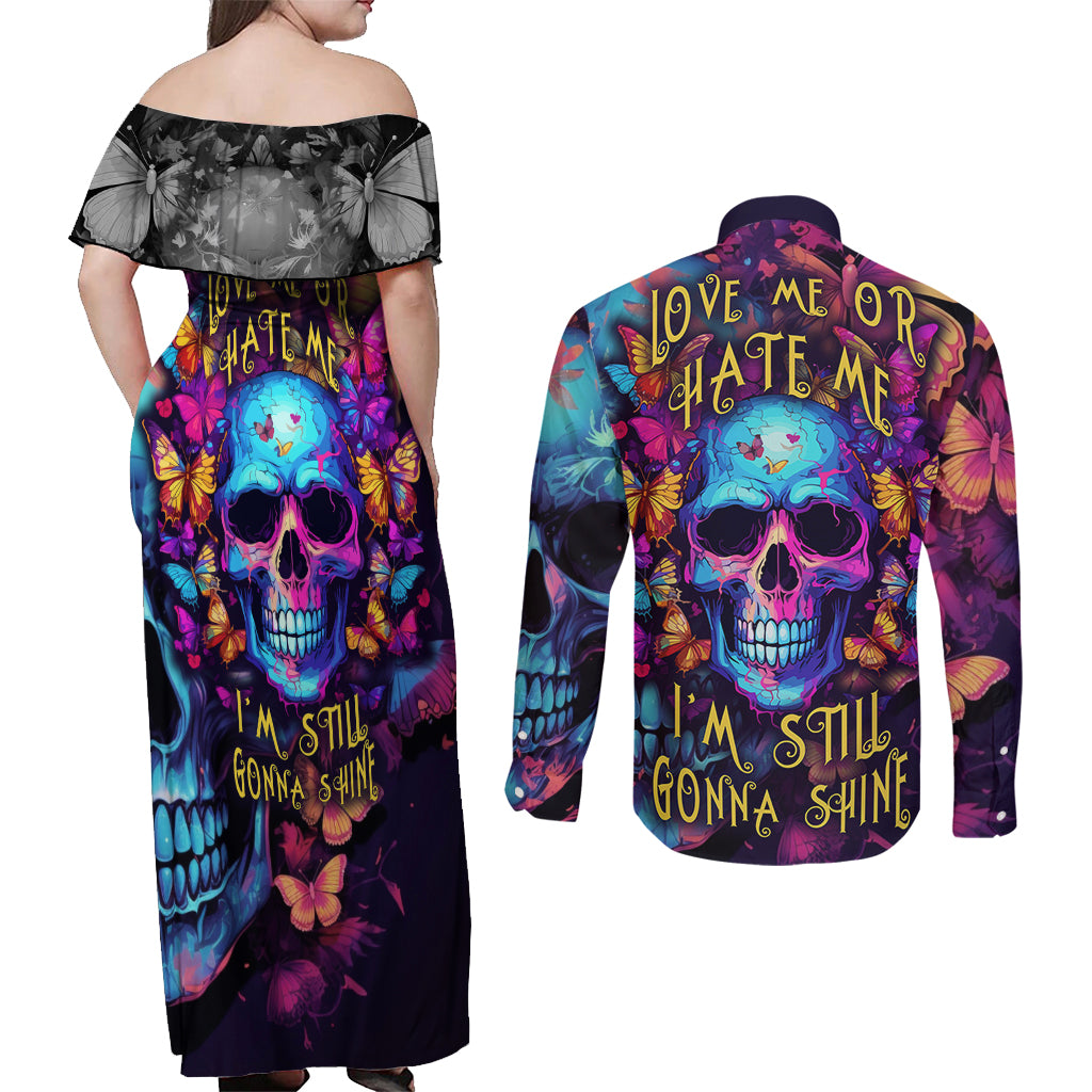 Fantasy Skull with Butterflies Couples Matching Off Shoulder Maxi Dress and Long Sleeve Button Shirts Love me or hate me i'm still gonna shine - Wonder Print Shop