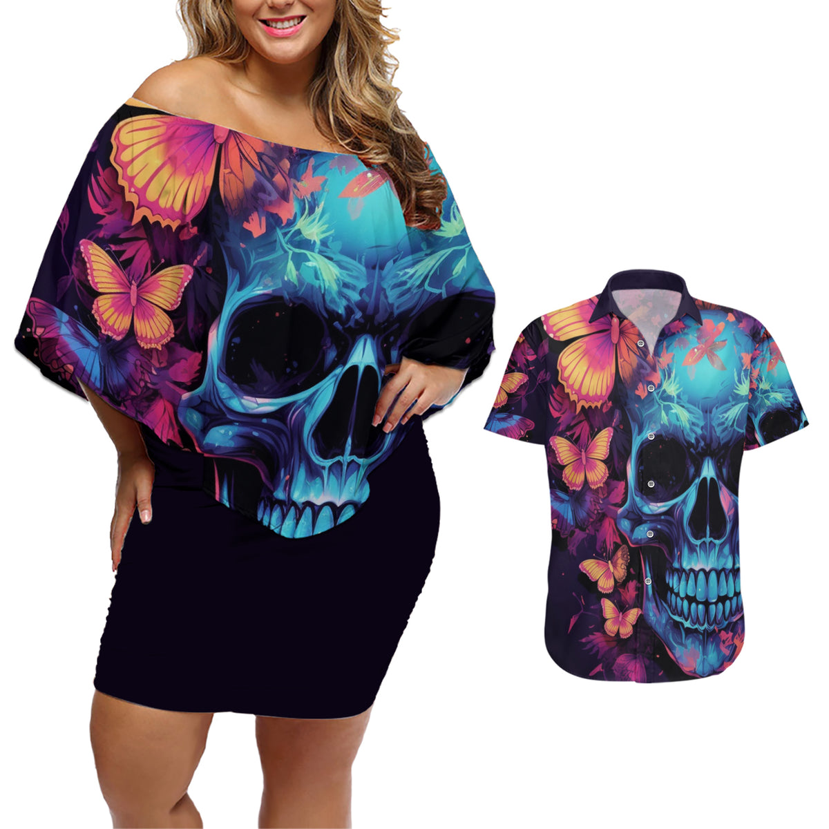 Fantasy Skull with Butterflies Couples Matching Off Shoulder Short Dress and Hawaiian Shirt Love me or hate me i'm still gonna shine - Wonder Print Shop