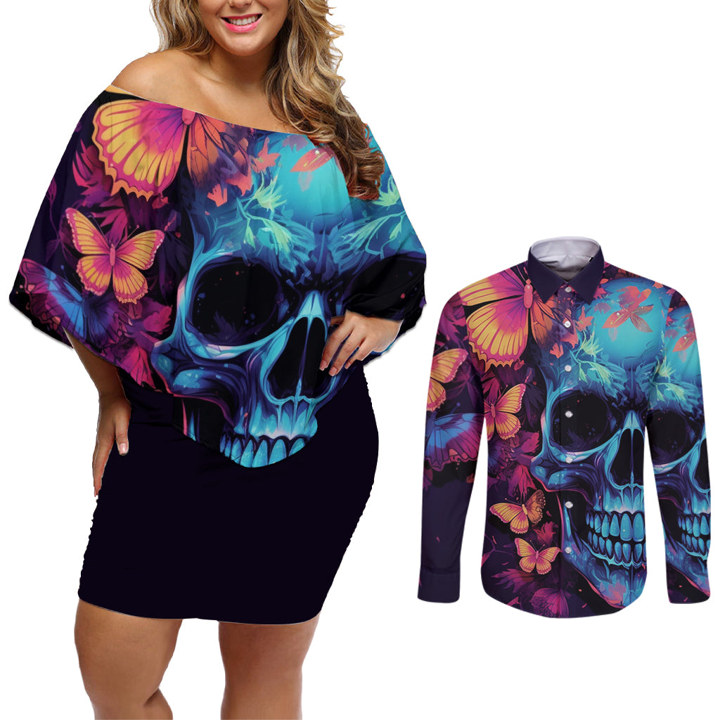 Fantasy Skull with Butterflies Couples Matching Off Shoulder Short Dress and Long Sleeve Button Shirts Love me or hate me i'm still gonna shine - Wonder Print Shop