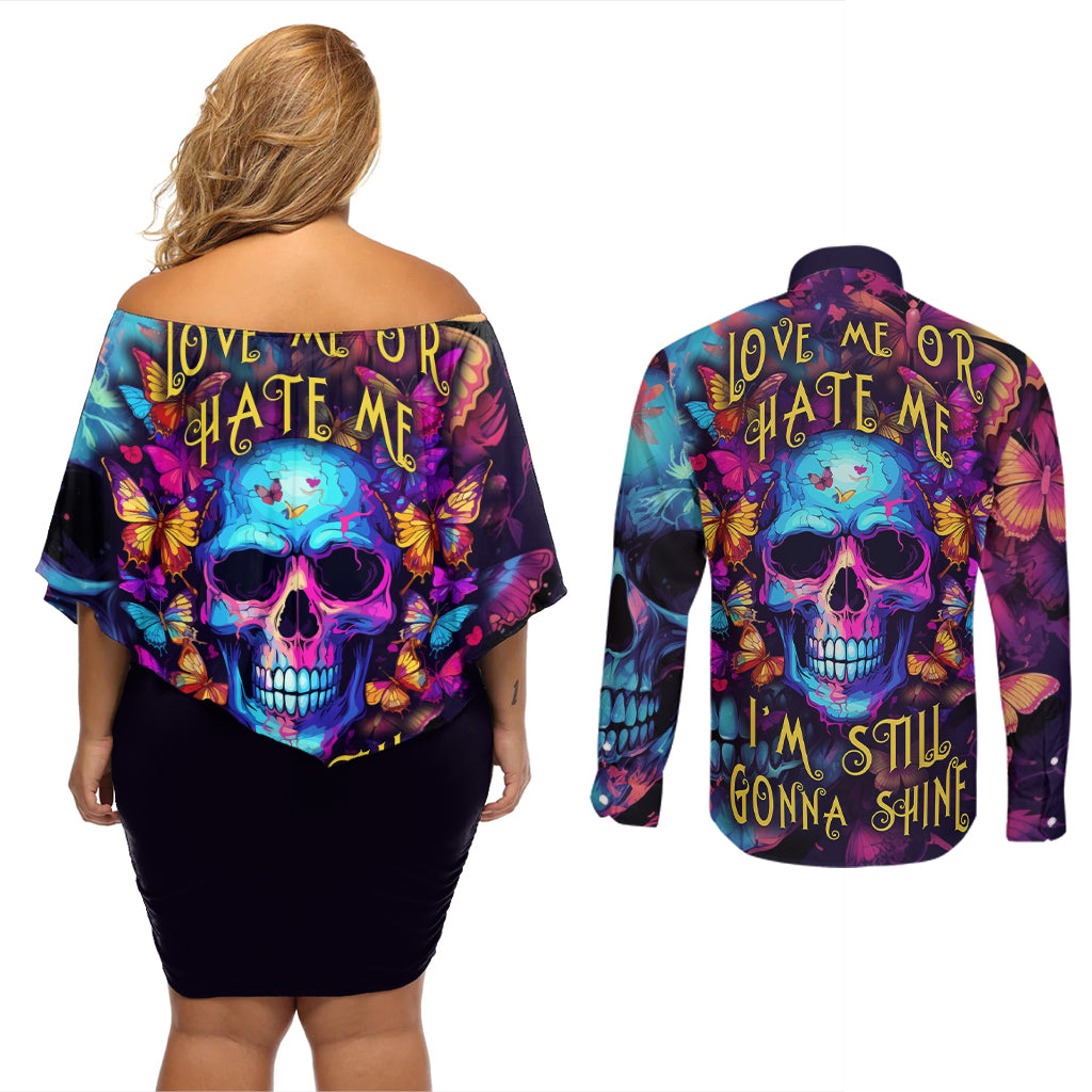 Fantasy Skull with Butterflies Couples Matching Off Shoulder Short Dress and Long Sleeve Button Shirts Love me or hate me i'm still gonna shine - Wonder Print Shop