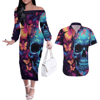 Fantasy Skull with Butterflies Couples Matching Off The Shoulder Long Sleeve Dress and Hawaiian Shirt Love me or hate me i'm still gonna shine - Wonder Print Shop
