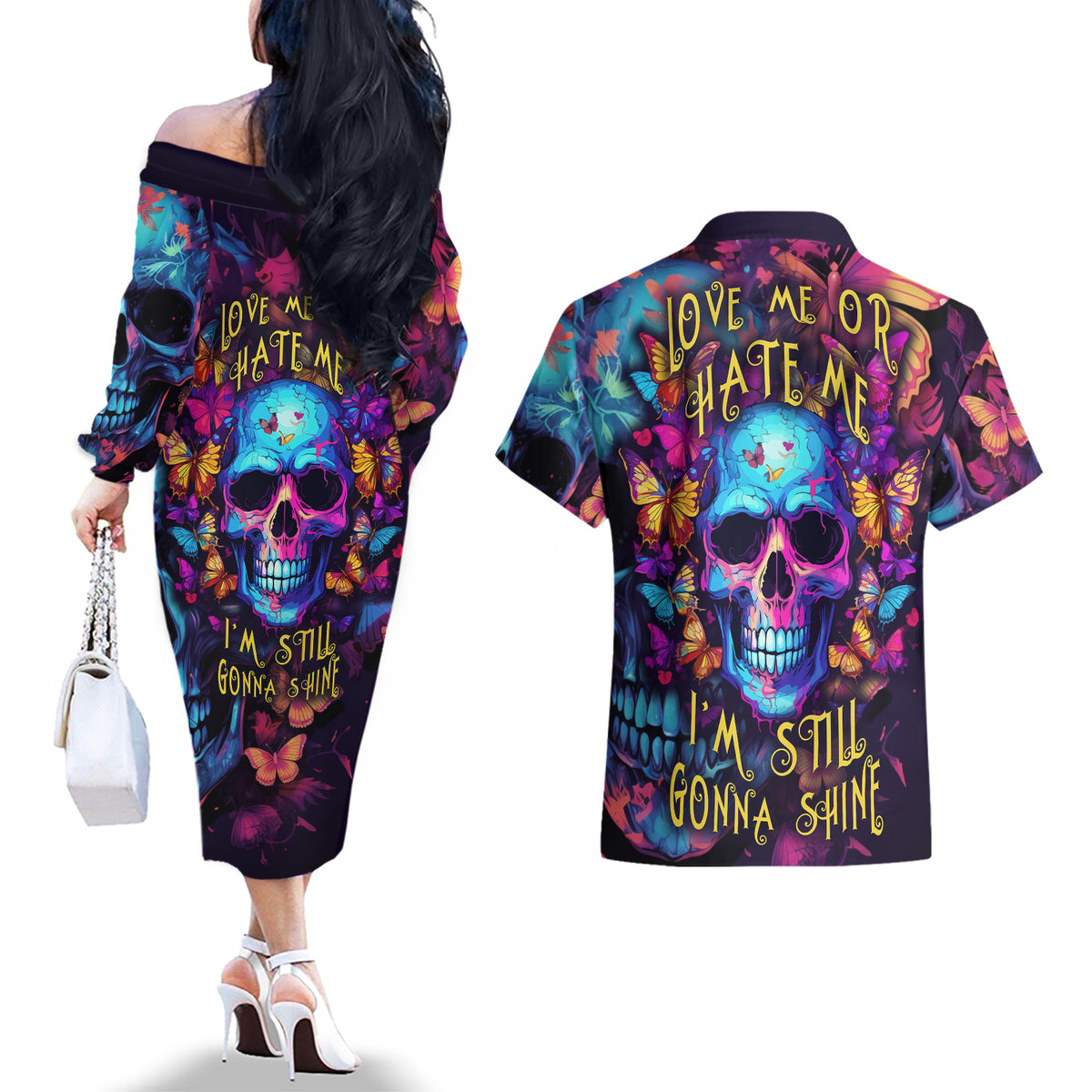 Fantasy Skull with Butterflies Couples Matching Off The Shoulder Long Sleeve Dress and Hawaiian Shirt Love me or hate me i'm still gonna shine - Wonder Print Shop