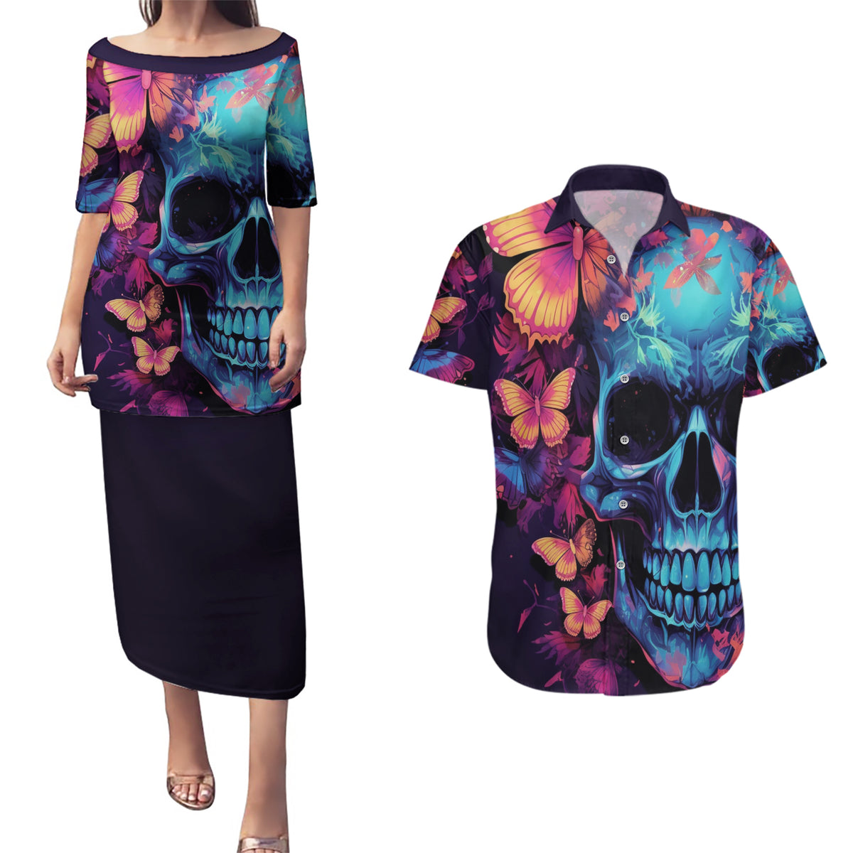 Fantasy Skull with Butterflies Couples Matching Puletasi Dress and Hawaiian Shirt Love me or hate me i'm still gonna shine - Wonder Print Shop
