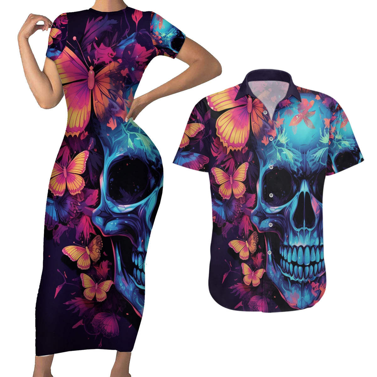 Fantasy Skull with Butterflies Couples Matching Short Sleeve Bodycon Dress and Hawaiian Shirt Love me or hate me i'm still gonna shine - Wonder Print Shop