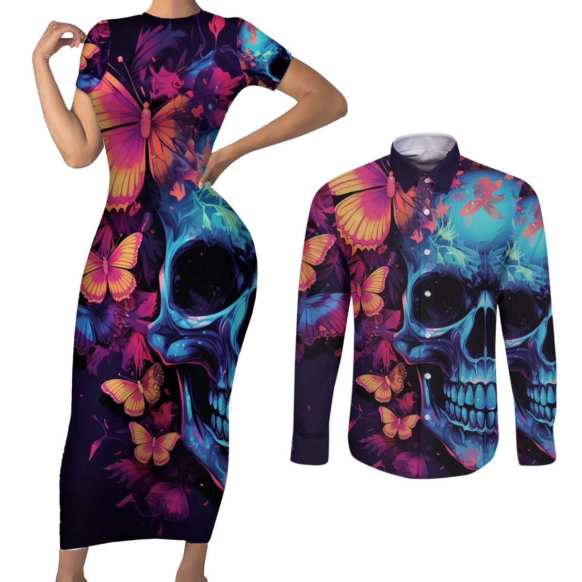 Fantasy Skull with Butterflies Couples Matching Short Sleeve Bodycon Dress and Long Sleeve Button Shirts Love me or hate me i'm still gonna shine - Wonder Print Shop