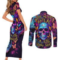 Fantasy Skull with Butterflies Couples Matching Short Sleeve Bodycon Dress and Long Sleeve Button Shirts Love me or hate me i'm still gonna shine - Wonder Print Shop