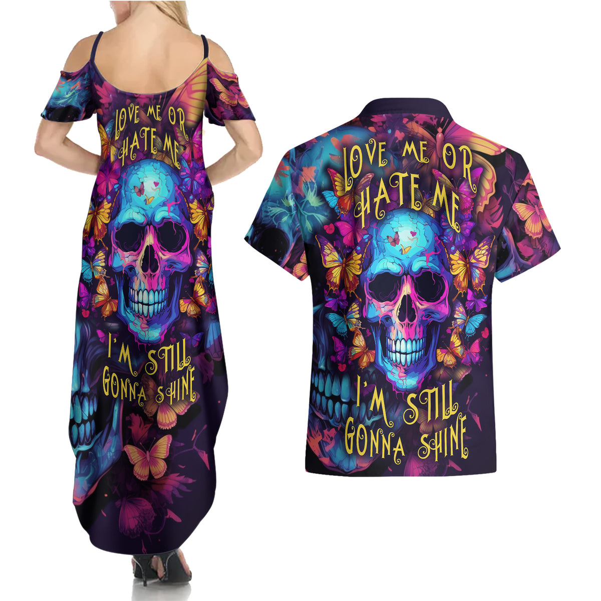 Fantasy Skull with Butterflies Couples Matching Summer Maxi Dress and Hawaiian Shirt Love me or hate me i'm still gonna shine - Wonder Print Shop