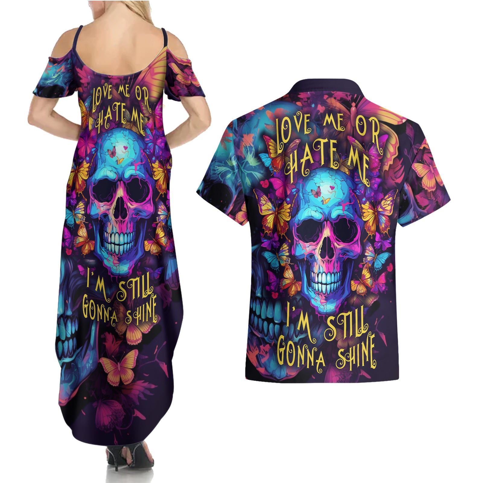 Fantasy Skull with Butterflies Couples Matching Summer Maxi Dress and Hawaiian Shirt Love me or hate me i'm still gonna shine - Wonder Print Shop