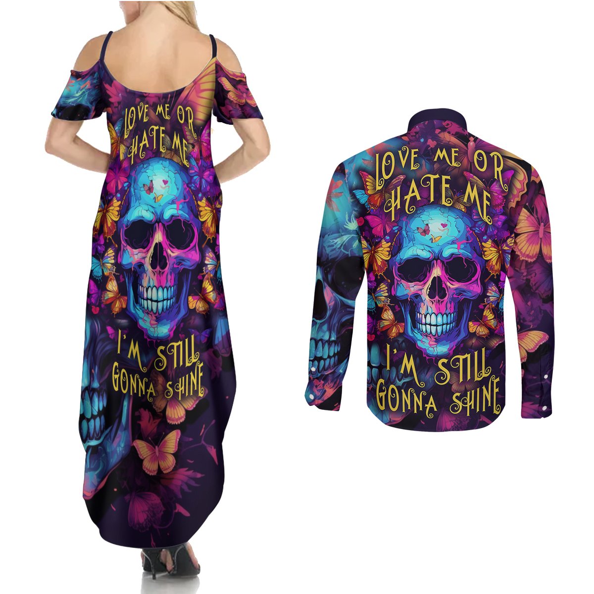 Fantasy Skull with Butterflies Couples Matching Summer Maxi Dress and Long Sleeve Button Shirts Love me or hate me i'm still gonna shine - Wonder Print Shop