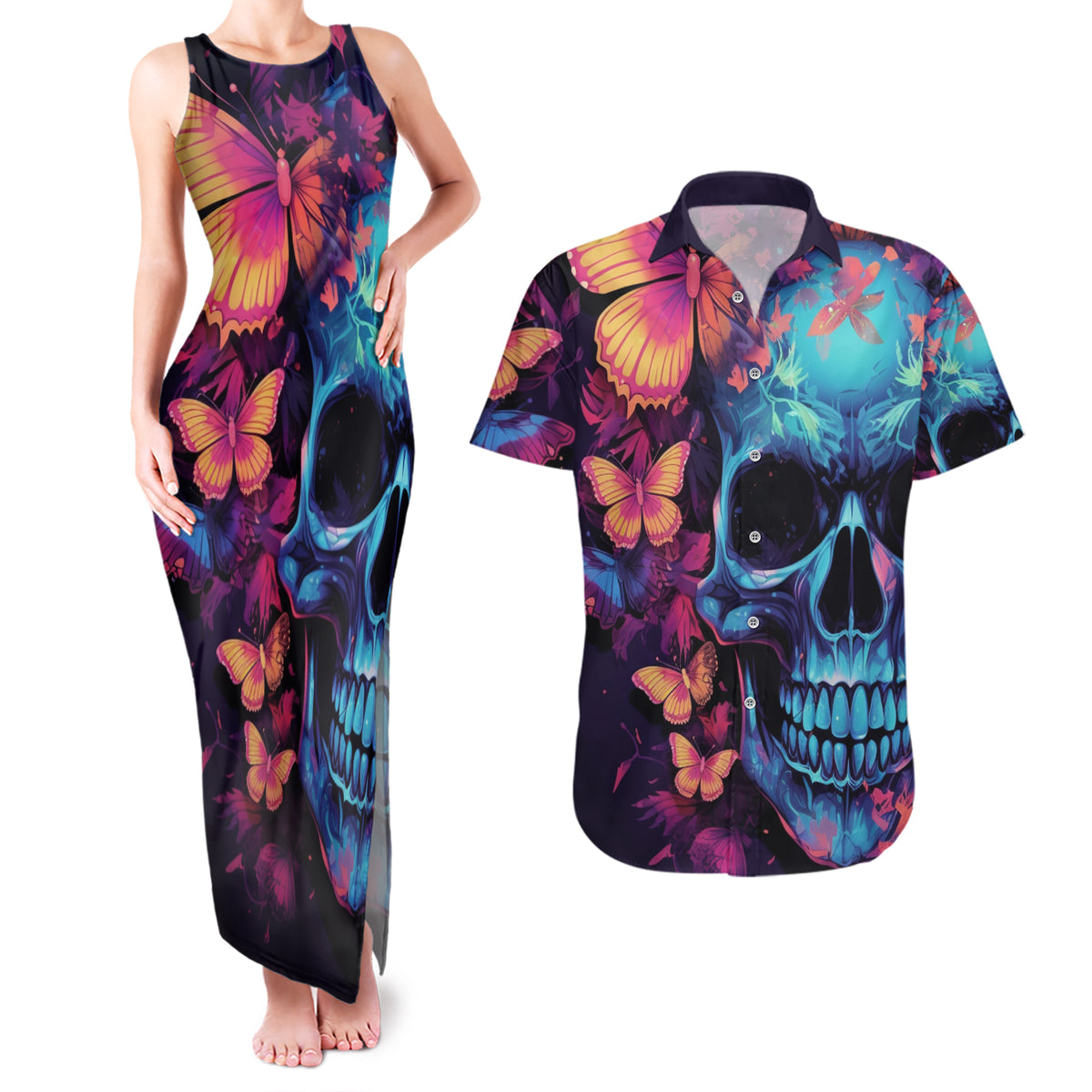 Fantasy Skull with Butterflies Couples Matching Tank Maxi Dress and Hawaiian Shirt Love me or hate me i'm still gonna shine - Wonder Print Shop