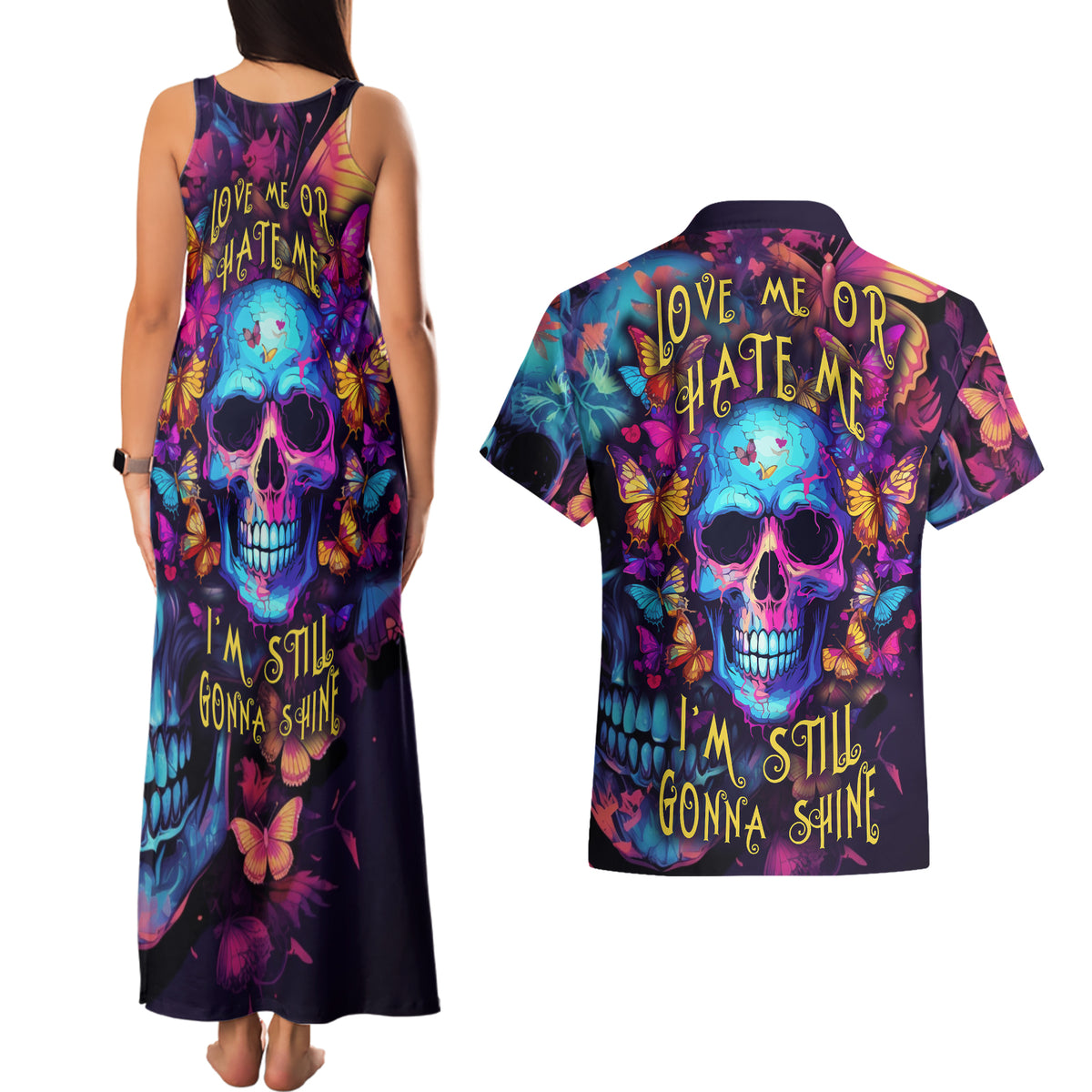 Fantasy Skull with Butterflies Couples Matching Tank Maxi Dress and Hawaiian Shirt Love me or hate me i'm still gonna shine - Wonder Print Shop
