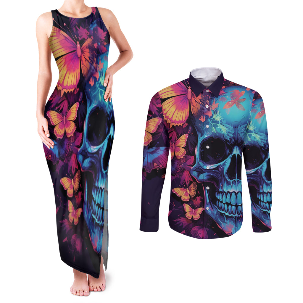 Fantasy Skull with Butterflies Couples Matching Tank Maxi Dress and Long Sleeve Button Shirts Love me or hate me i'm still gonna shine - Wonder Print Shop
