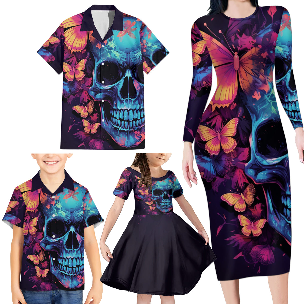 Fantasy Skull with Butterflies Family Matching Long Sleeve Bodycon Dress and Hawaiian Shirt Love me or hate me i'm still gonna shine - Wonder Print Shop