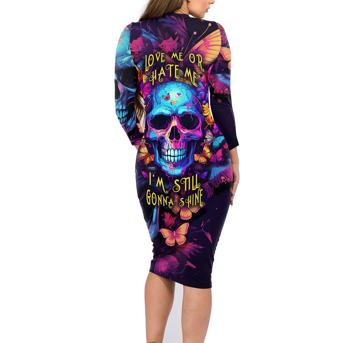 Fantasy Skull with Butterflies Family Matching Long Sleeve Bodycon Dress and Hawaiian Shirt Love me or hate me i'm still gonna shine - Wonder Print Shop