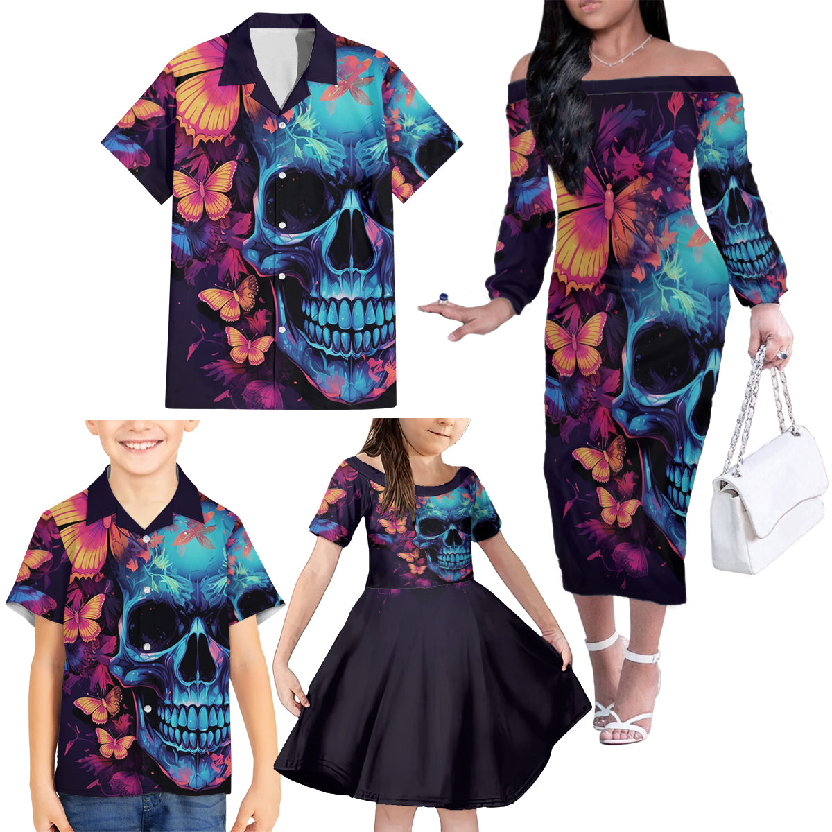 Fantasy Skull with Butterflies Family Matching Off Shoulder Long Sleeve Dress and Hawaiian Shirt Love me or hate me i'm still gonna shine - Wonder Print Shop