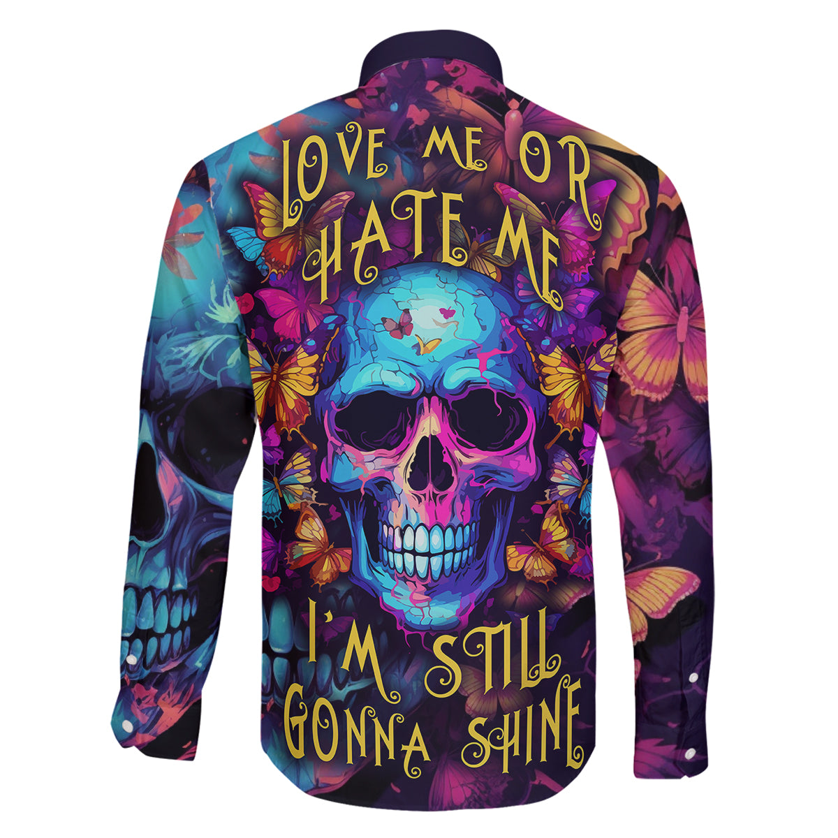 Fantasy Skull with Butterflies Family Matching Off Shoulder Long Sleeve Dress and Hawaiian Shirt Love me or hate me i'm still gonna shine - Wonder Print Shop
