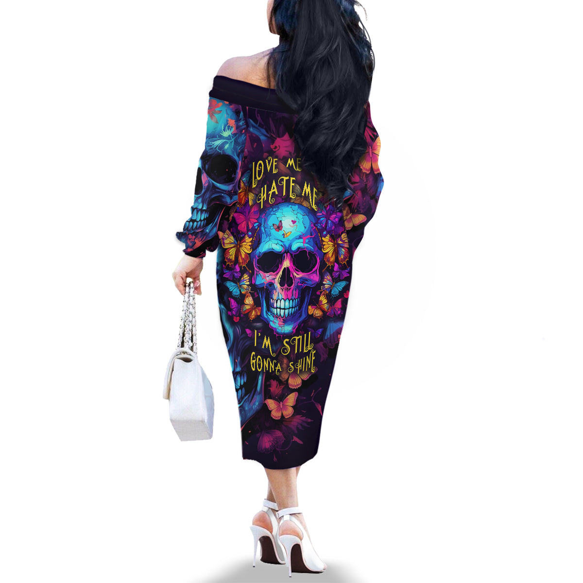 Fantasy Skull with Butterflies Family Matching Off Shoulder Long Sleeve Dress and Hawaiian Shirt Love me or hate me i'm still gonna shine - Wonder Print Shop