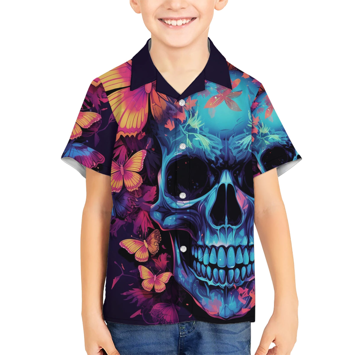 Fantasy Skull with Butterflies Kid Hawaiian Shirt Love me or hate me i'm still gonna shine - Wonder Print Shop