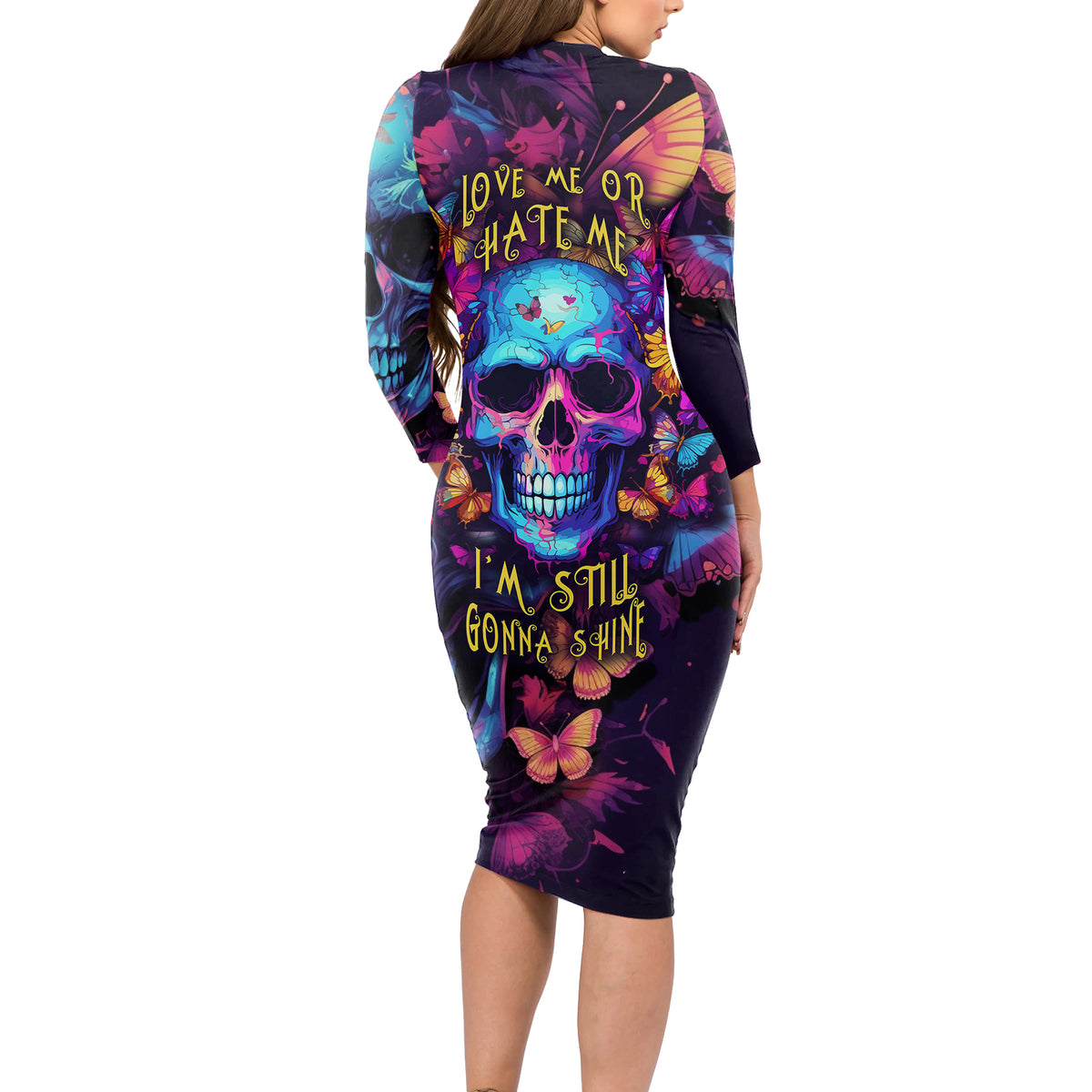 Fantasy Skull with Butterflies Long Sleeve Bodycon Dress Love me or hate me i'm still gonna shine - Wonder Print Shop