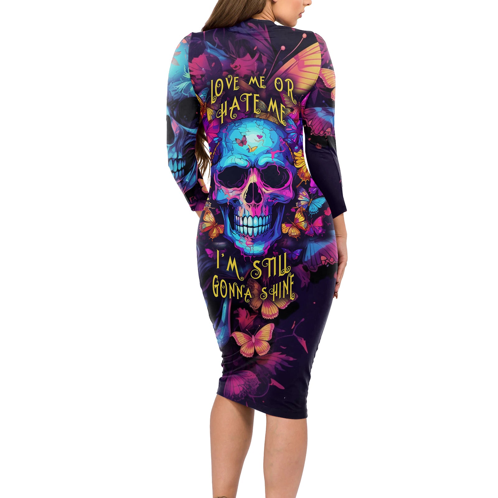 Fantasy Skull with Butterflies Long Sleeve Bodycon Dress Love me or hate me i'm still gonna shine - Wonder Print Shop