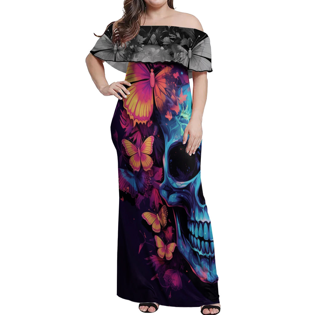 Fantasy Skull with Butterflies Off Shoulder Maxi Dress Love me or hate me i'm still gonna shine - Wonder Print Shop