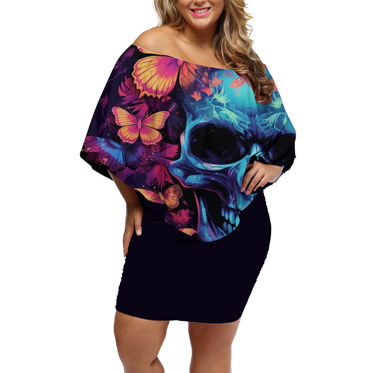 Fantasy Skull with Butterflies Off Shoulder Short Dress Love me or hate me i'm still gonna shine - Wonder Print Shop