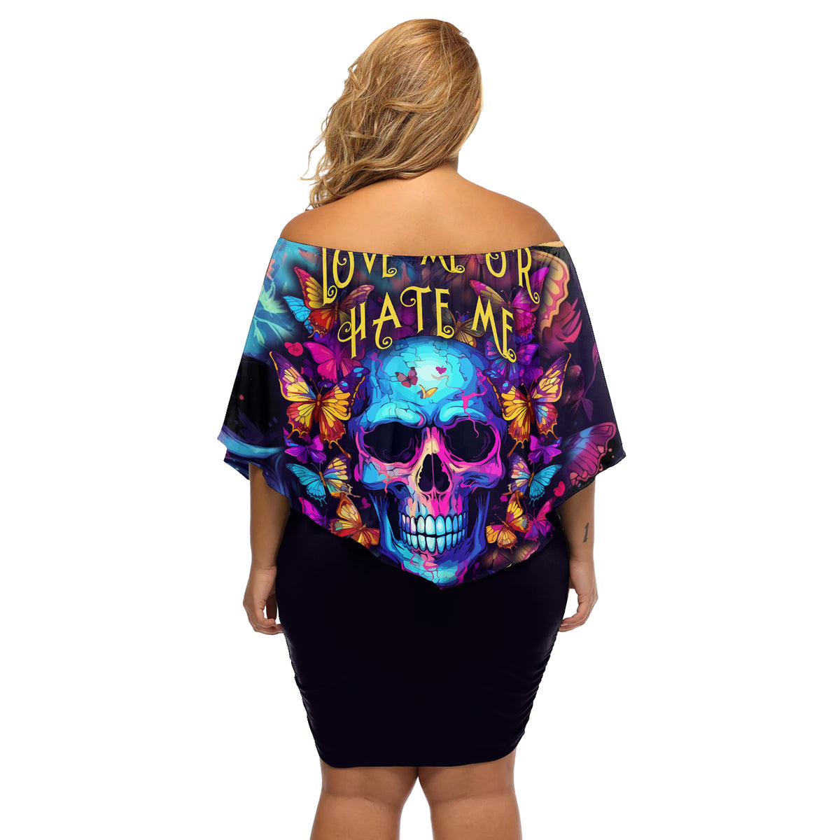 Fantasy Skull with Butterflies Off Shoulder Short Dress Love me or hate me i'm still gonna shine - Wonder Print Shop