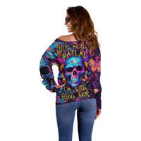 Fantasy Skull with Butterflies Off Shoulder Sweater Love me or hate me i'm still gonna shine - Wonder Print Shop
