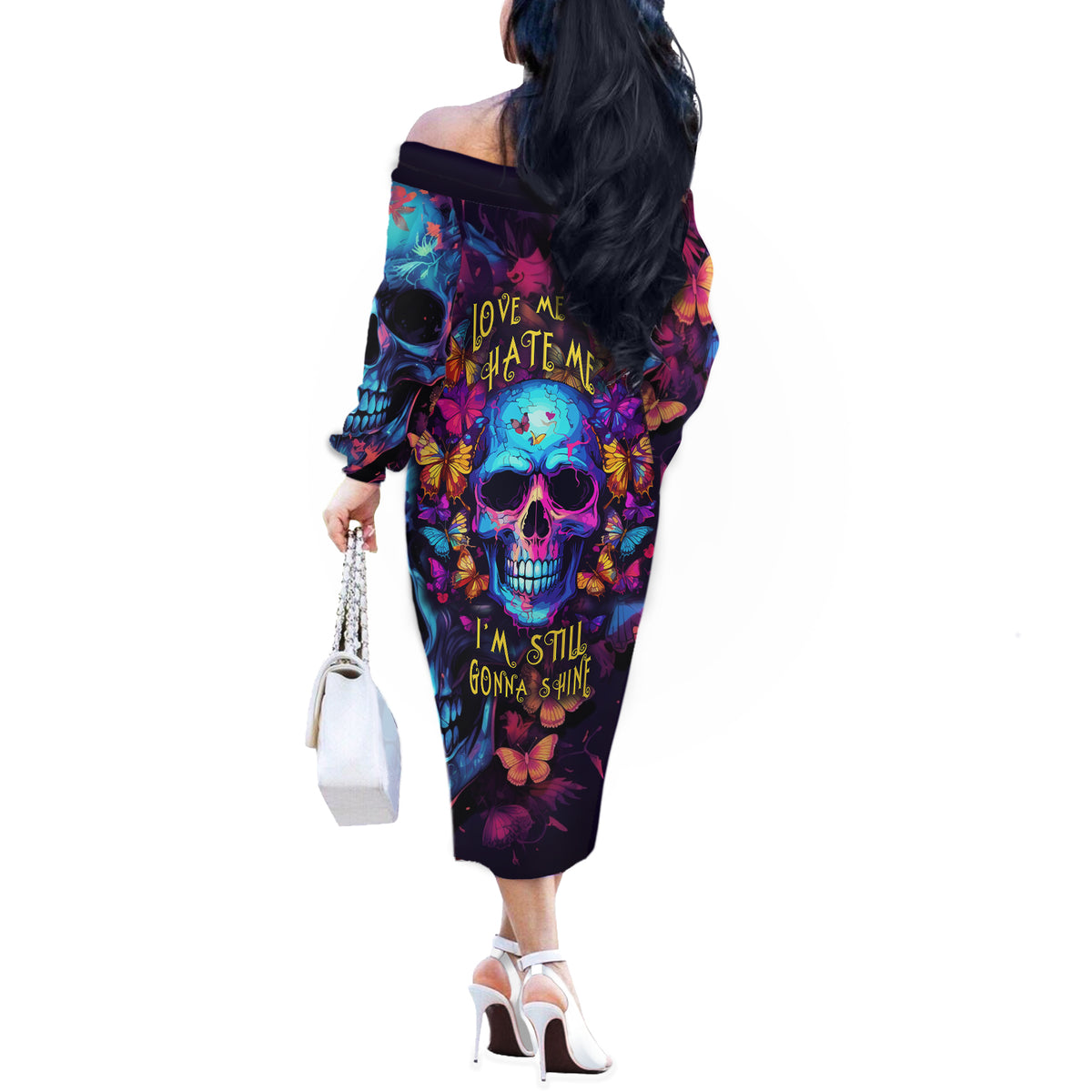 Fantasy Skull with Butterflies Off The Shoulder Long Sleeve Dress Love me or hate me i'm still gonna shine - Wonder Print Shop