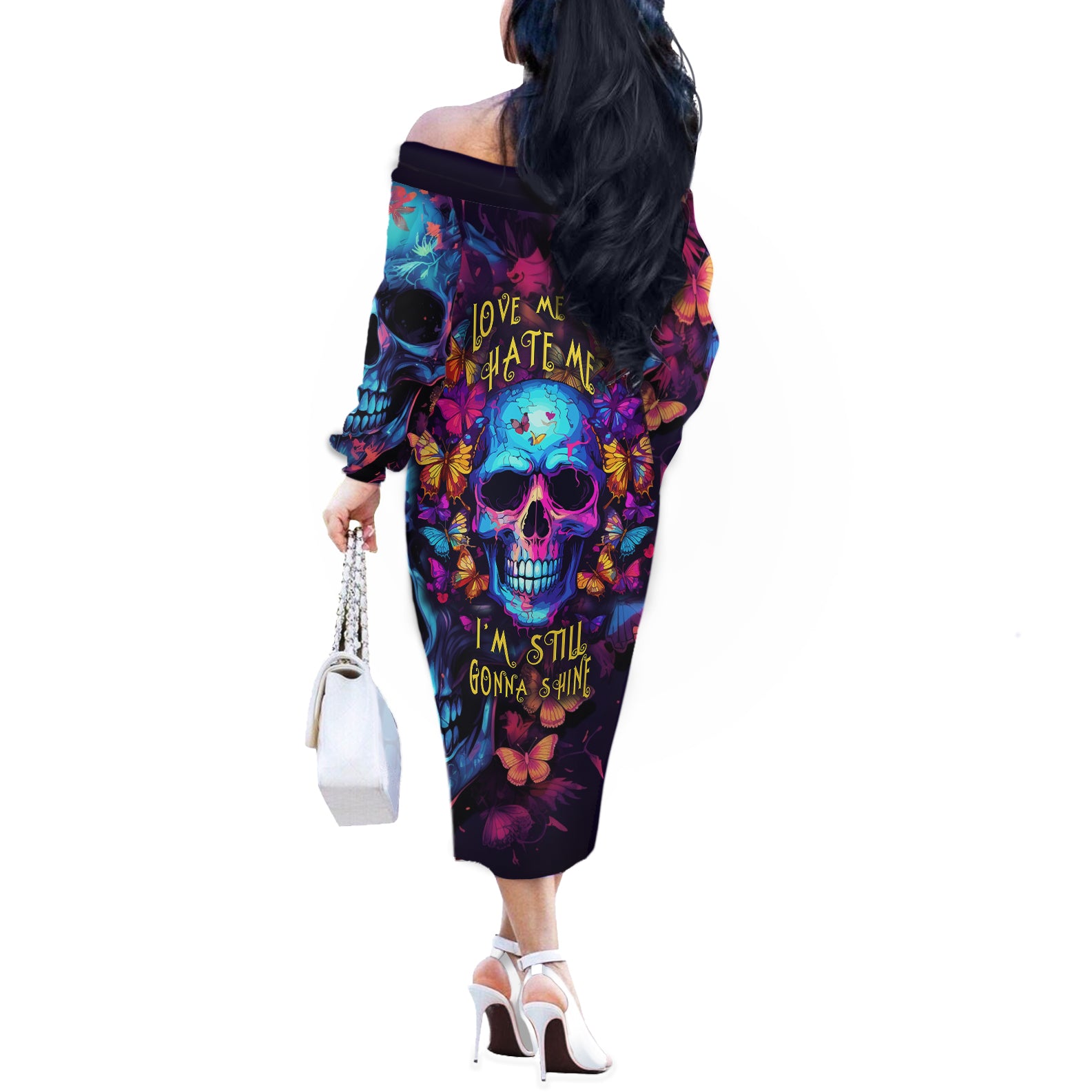 Fantasy Skull with Butterflies Off The Shoulder Long Sleeve Dress Love me or hate me i'm still gonna shine - Wonder Print Shop