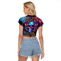 Fantasy Skull with Butterflies Raglan Cropped T Shirt Love me or hate me i'm still gonna shine - Wonder Print Shop
