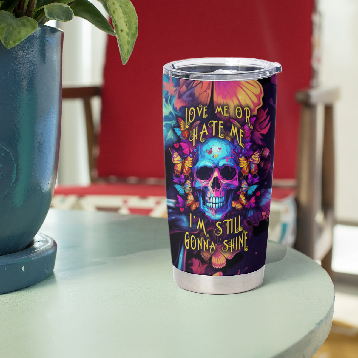 Fantasy Skull with Butterflies Tumbler Cup Love me or hate me i'm still gonna shine - Wonder Print Shop