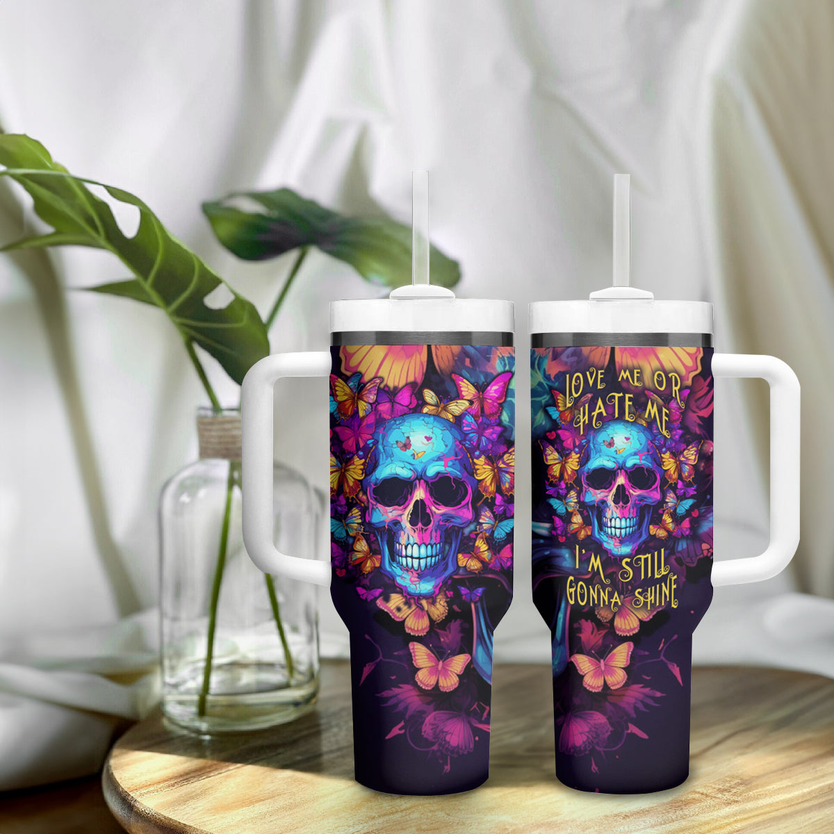 Fantasy Skull with Butterflies Tumbler With Handle Love me or hate me i'm still gonna shine - Wonder Print Shop