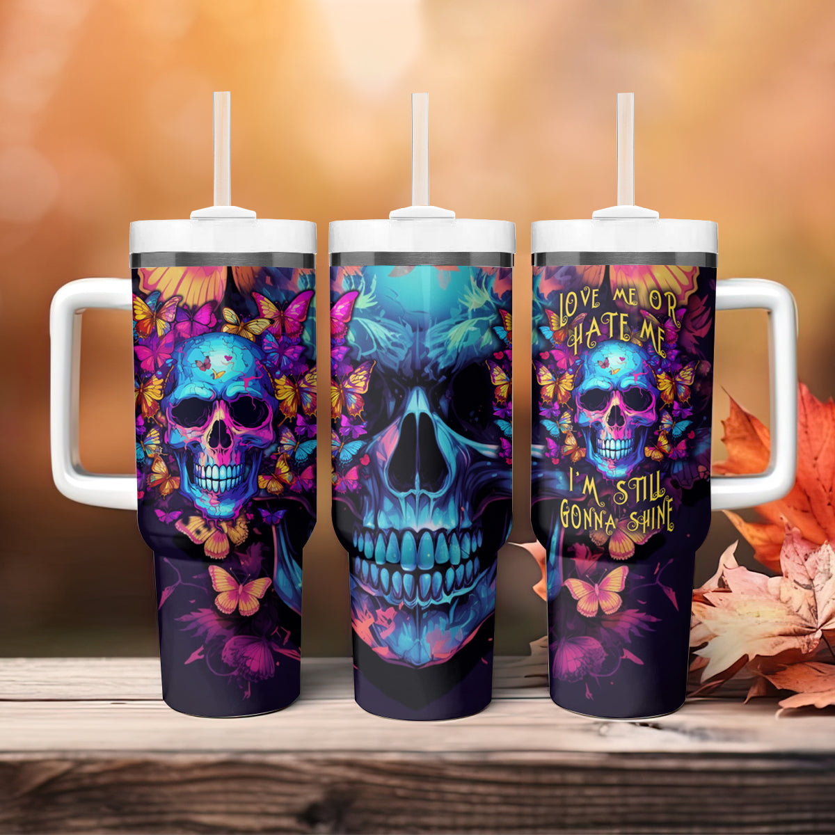 Fantasy Skull with Butterflies Tumbler With Handle Love me or hate me i'm still gonna shine - Wonder Print Shop