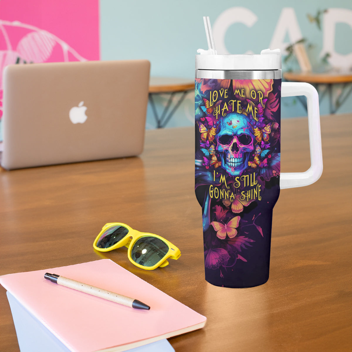 Fantasy Skull with Butterflies Tumbler With Handle Love me or hate me i'm still gonna shine - Wonder Print Shop