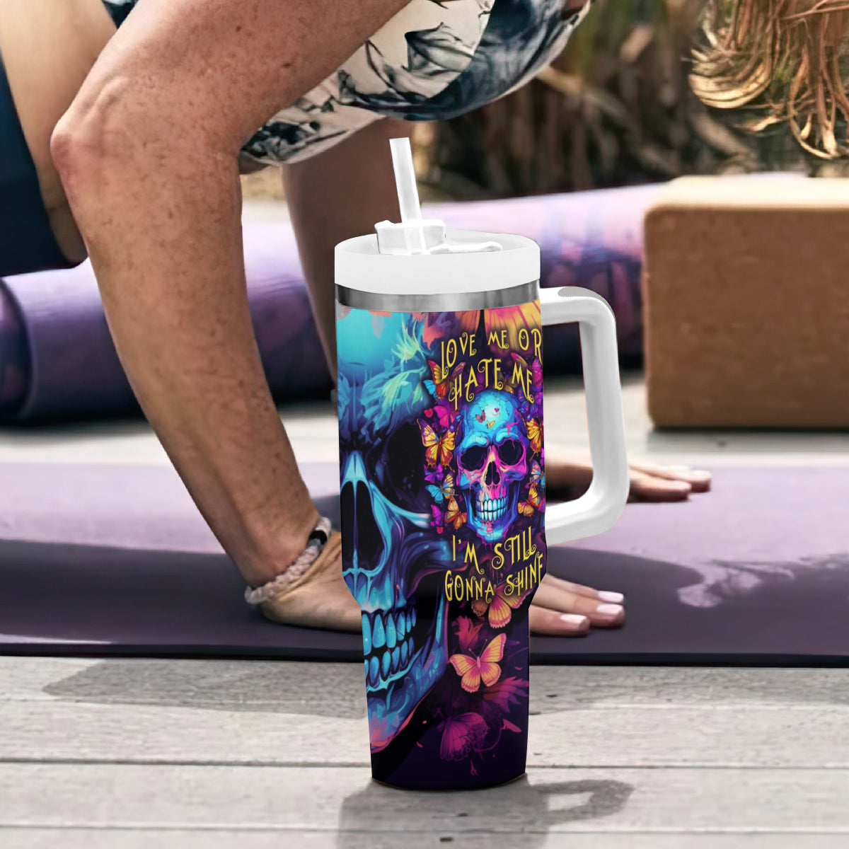Fantasy Skull with Butterflies Tumbler With Handle Love me or hate me i'm still gonna shine - Wonder Print Shop