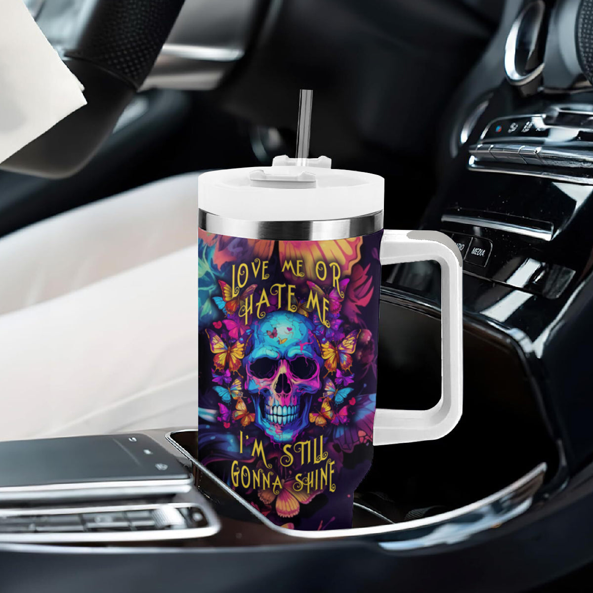 Fantasy Skull with Butterflies Tumbler With Handle Love me or hate me i'm still gonna shine - Wonder Print Shop