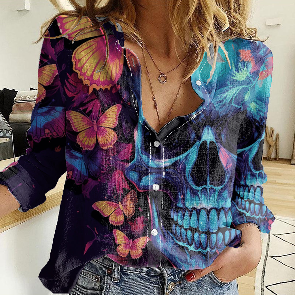 Fantasy Skull with Butterflies Women Casual Shirt Love me or hate me i'm still gonna shine - Wonder Print Shop