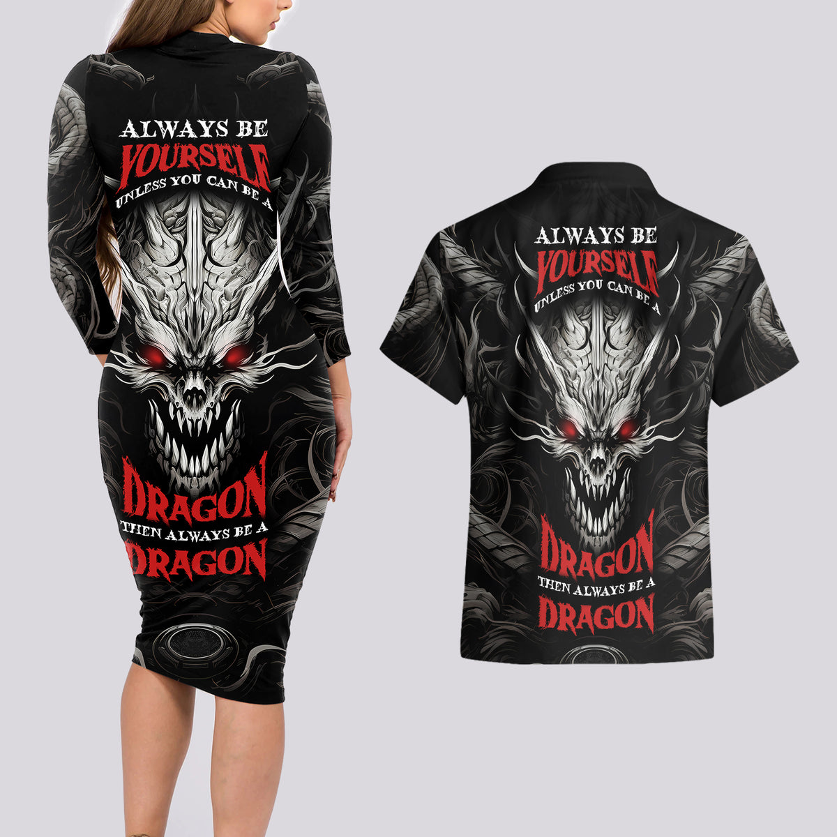 Demon Skull Couples Matching Long Sleeve Bodycon Dress and Hawaiian Shirt Always be yourself unless you can be a Dragon then always be a Dragon - Wonder Print Shop