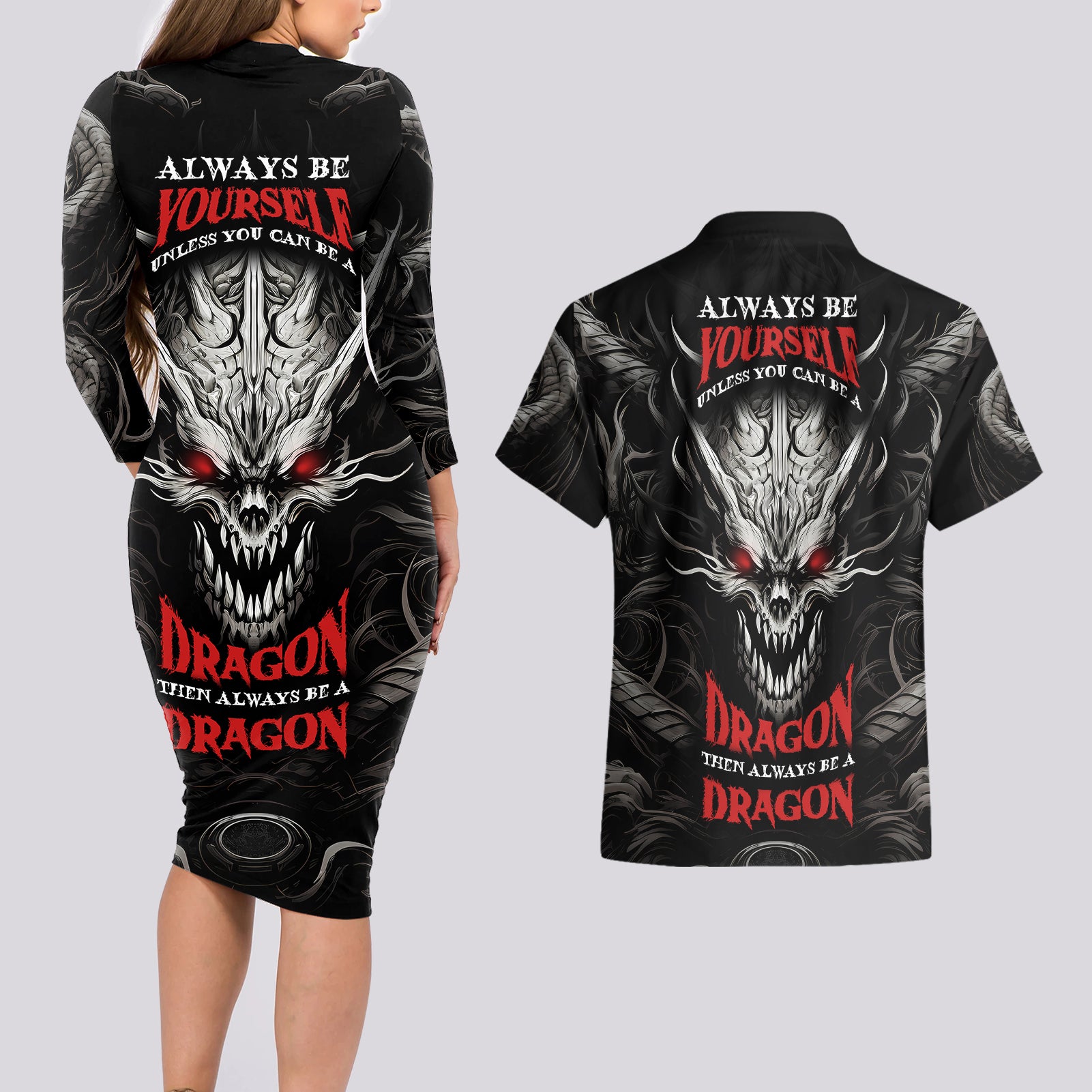 Demon Skull Couples Matching Long Sleeve Bodycon Dress and Hawaiian Shirt Always be yourself unless you can be a Dragon then always be a Dragon - Wonder Print Shop